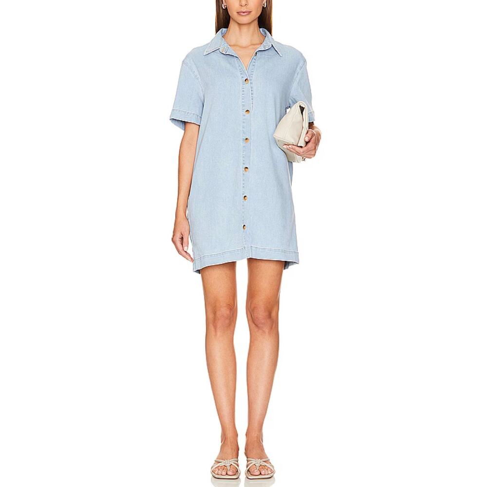 ENZA COSTA Soft Denim Shirt Dress Womens Small Light Blue Short Sleeve Button Up